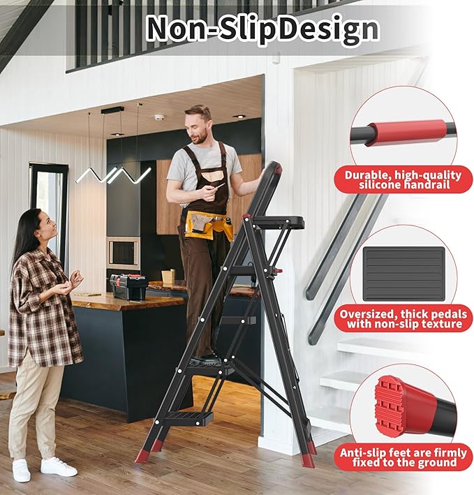 4 Step Foldable Step Ladder with Mutifunctional Tool Tray, Platform Ladders Stepstools, Step Stool 4 Step Folding with Non-Slip Pedals, 800lbs Bearing Capacity for Adults, Home, Kitchen, Black Red