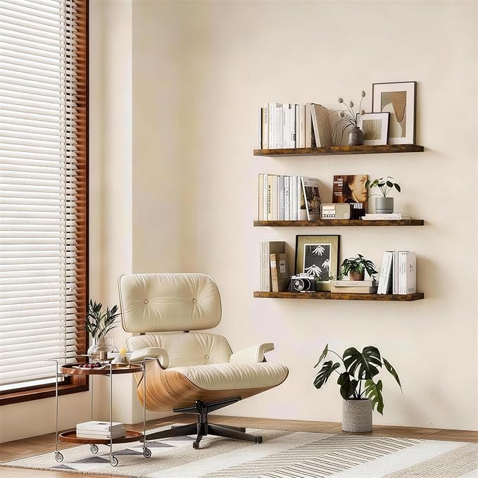BAYKA Floating Shelves for Wall, Set of 3, 22.5 Inch Rustic Wood Wall Mounted Shelving for Bathroom, Bedroom, Living Room or Kitchen, Hanging Display Decor Book Shelf with 22 lbs, Rustic Brown
