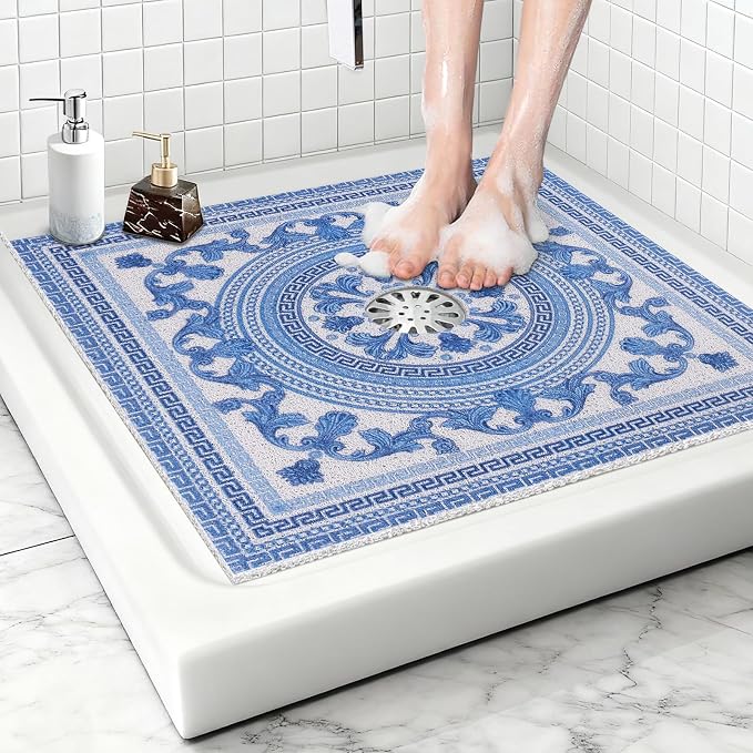 Square Shower Mat Non Slip: 36x36 Inch Extra Large Shower Mats with Drain Hole in Middle -Anti Slip Shower Mats for Inside Shower -Loofah Shower Floor Mat Bath Mat for Shower Stall Bathtub Elderly