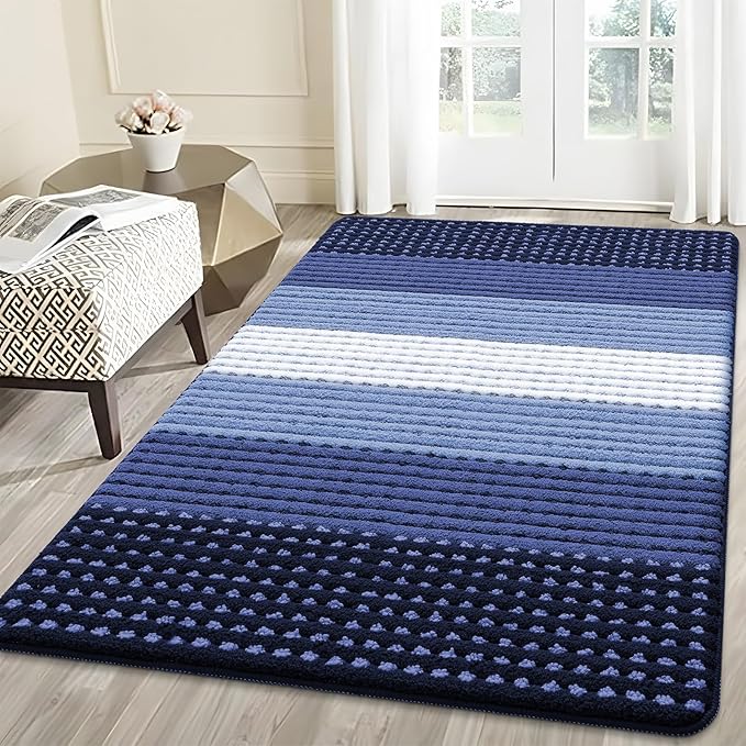 Kitinjoy Indoor Outdoor Door Mat, 59x36 Non-Slip Absorbent Dirt Trapper, Low-Profile Washable Inside Entrance Front Floor Mat, Sturdy Soft Entry Dotted Ombre Doormats for Entryway, Navy Blue