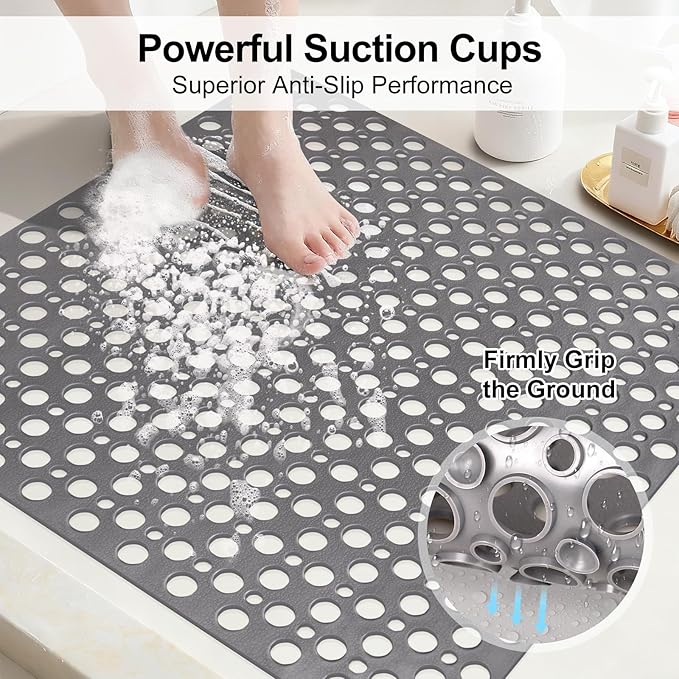 Anti Slip Shower Mat with Suction Cups,27x27 Inch Quick Drain TPE Non Slip Shower Mats for Inside Shower,Large Bath Mat for Shower Soft on Feet, Easy to Dry&Cut Machine Washable