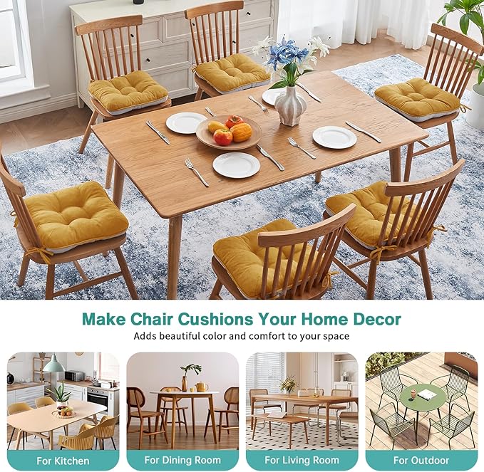 BETU Chair Cushions for Dining Chairs Set of 6,3.5" Thick Kitchen Table Chair Pads with Ties,Non Slip Backing and Covers, Seat Cushion for Dining Room,Bar,Patio Chairs,15.5"X15.5"X3.5",Yellow