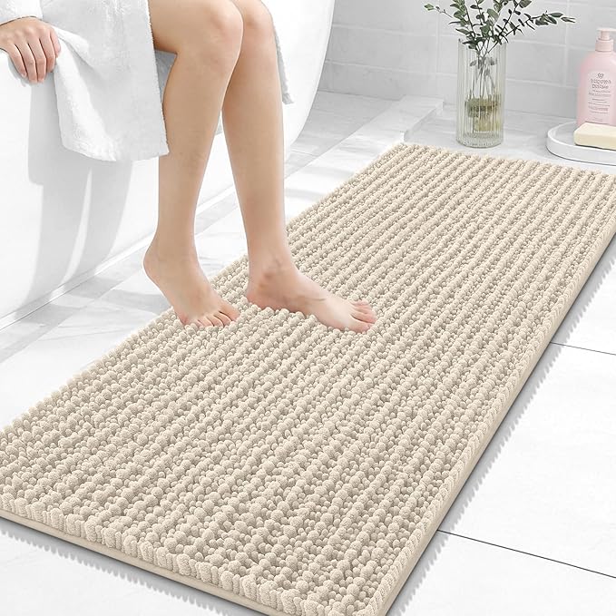 OLANLY Long Bathroom Rugs Runner 47x20, Thick Soft and Absorbent Chenille Bath Mat, Non-Slip, Machine Washable Quick Dry Bath Rugs for Tub Shower Floor, Home Decor Accessories, Sand
