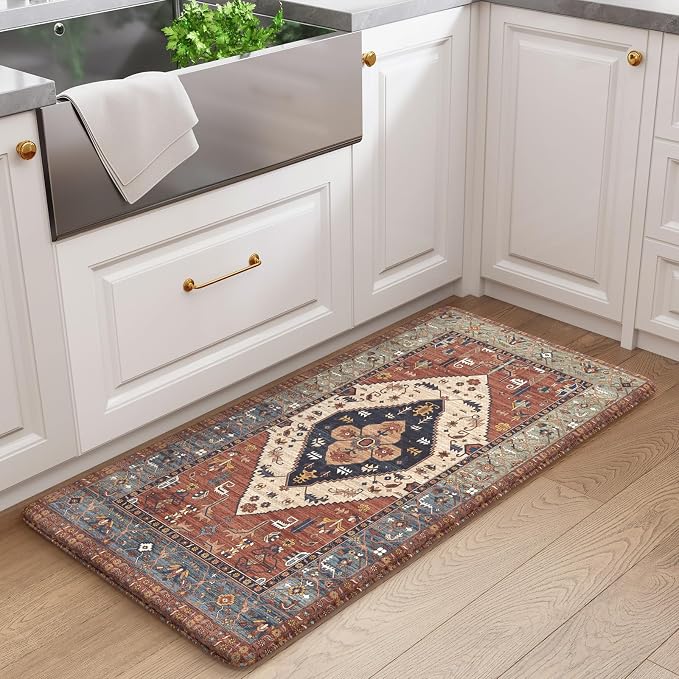 KIMODE Anti Fatigue Mat for Kitchen Floor, Boho Oriental Kitchen Rug, Non Slip Waterproof Kitchen Floor Mat, Vintage Kitchen Mat for Floor, Laundry, Office, Sink, Desk Red 20"x39"