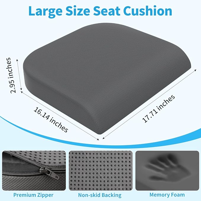 TranquilRelax Large Seat Cushion，Soft Foam Cushion for Long Sitting Hours on Office Chair, Home & Car, Non-Slip Chair Pad for Relieving Back & Sciatica & Hip & Coccyx Pain (Grey)