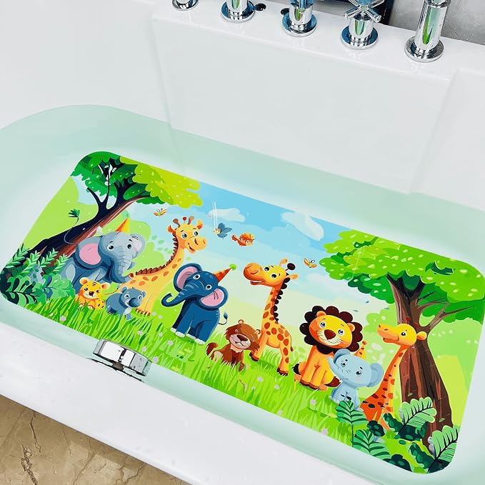 BEEHOMEE Bath Mats for Tub Kids,Baby Toddler - Large Cartoon Non-Slip Bathroom Bathtub Anti-Slip Shower Mats for Floor 35x15,Machine Washable XL Size Bathroom Mats (Jungle Friends)