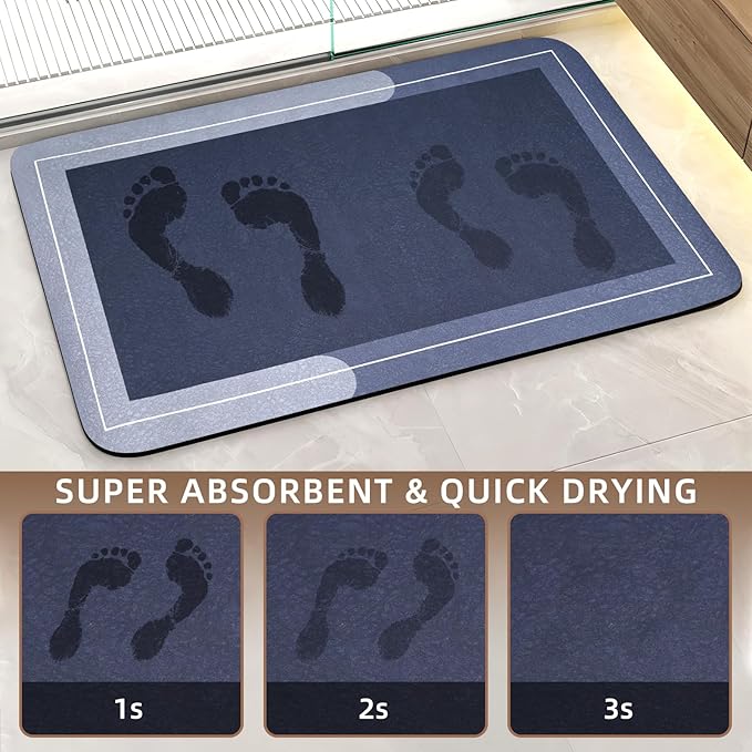 Mordem Diatomaceous Earth Bath Mat Super Absorbent Quick Dry Bath Mat, Bathroom Rugs Non Slip Washable, Thin Blue Bathroom Floor Mats-Shower Rug for in Front of Bathtub Shower, Easy Care,19.6"x31.5"