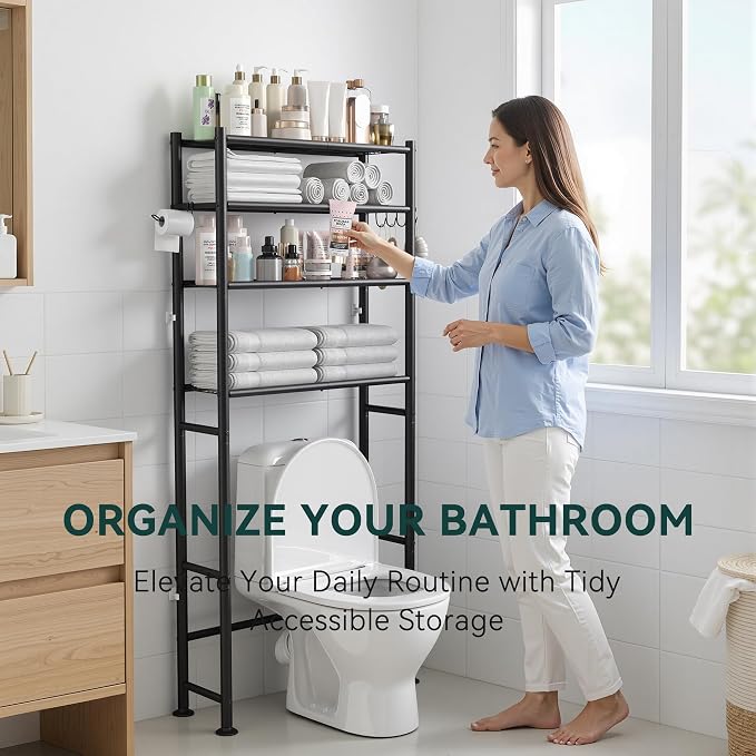 GloTika 4-Tier Over The Toilet Storage, 200lb Total Capacity Metal Bathroom Organizer with 36" Clearance, Includes Paper Holder & 4 Hooks, Space Saving Rack for Bathroom Laundry Room (64" H, Black)