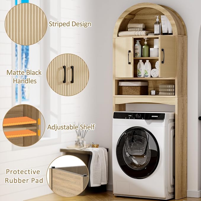 Spurgehom Over The Toilet Storage Cabinet, Bathroom Shelf Organizer Freestanding, Bathroom Arch Cabinet Over Toilet with Toilet Paper Holder and Anti-Tipping Device (Narrow Style-Wood)