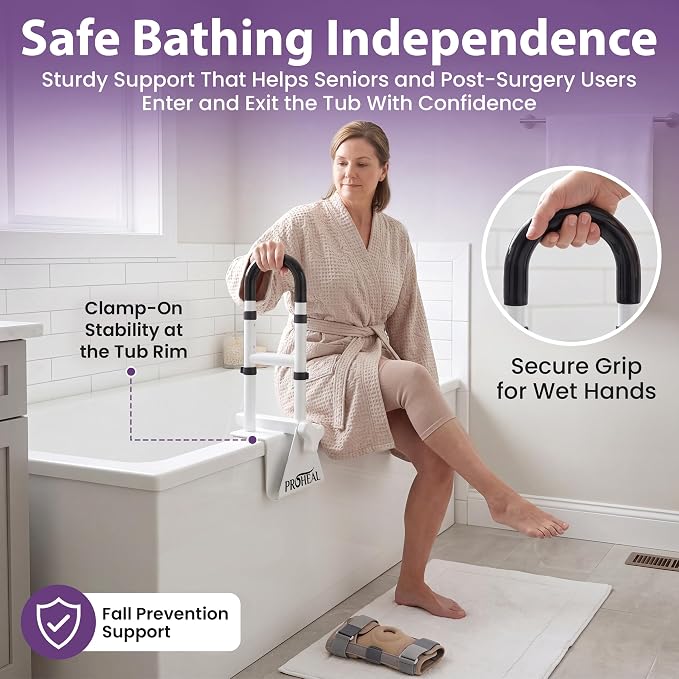 Bathtub Grab Bar for Seniors, Shower Safety Rail, Non-Slip Stainless Steel Handle, Fits 3"-7" Tub Walls, Supports 300 LBS, Adjustable Height 14.5"-17", Tool-Free Clamp-On Install - ProHeal