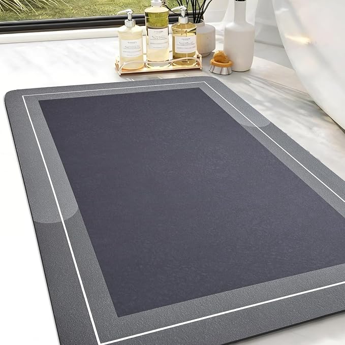 Diatomaceous Earth Bath Mat Super Absorbent Quick Dry Bath Mat, Bathroom Rugs Non Slip Washable, Thin Dark Gray Bathroom Floor Mats-Shower Rug for in Front of Bathtub Shower, Easy Care, 15.7"x23.6"