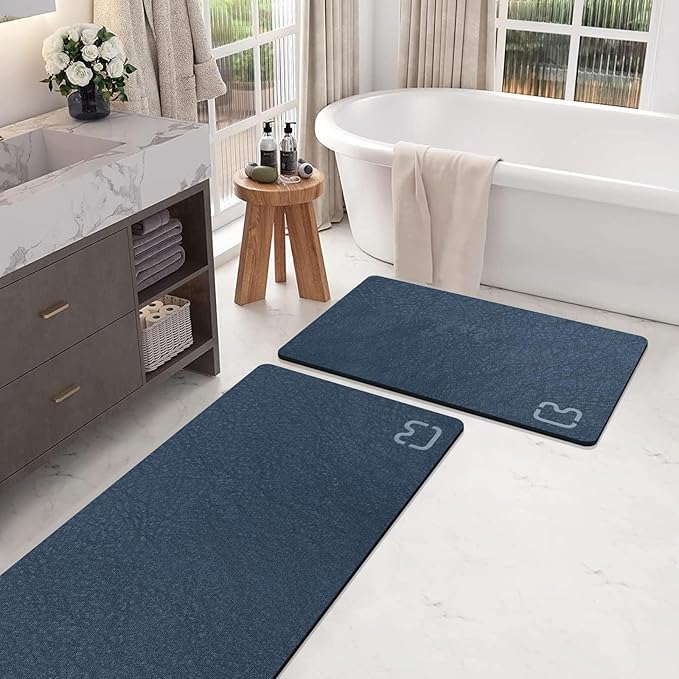 RUERYA Navy Bathroom Rug Set, 2 Piece Diatomaceous Earth Bath Mats Non Slip Absorbent Quick Dry Thin, 15.7X 23.6 + 15.7X 47.2 Inch