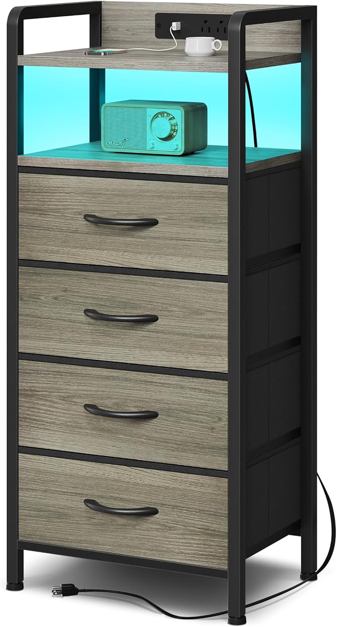 Lazzanto Grey NightStand with Charging Station - Morden Nightstand with USB Ports & AC Outlets, Grey End Table with Storage Shelf & 4 Fabric Drawers, LED Light Strip