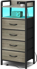 Lazzanto Grey NightStand with Charging Station - Morden Nightstand with USB Ports & AC Outlets, Grey End Table with Storage Shelf & 4 Fabric Drawers, LED Light Strip