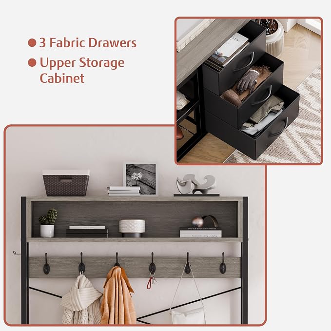 Lulive Hall Tree with 3 Drawers, Industrial Entryway 39.4" Coat Rack Shoe Bench, Freestanding Mudroom Organizer with 12 Hooks, Top Shelf Storage (Grey)