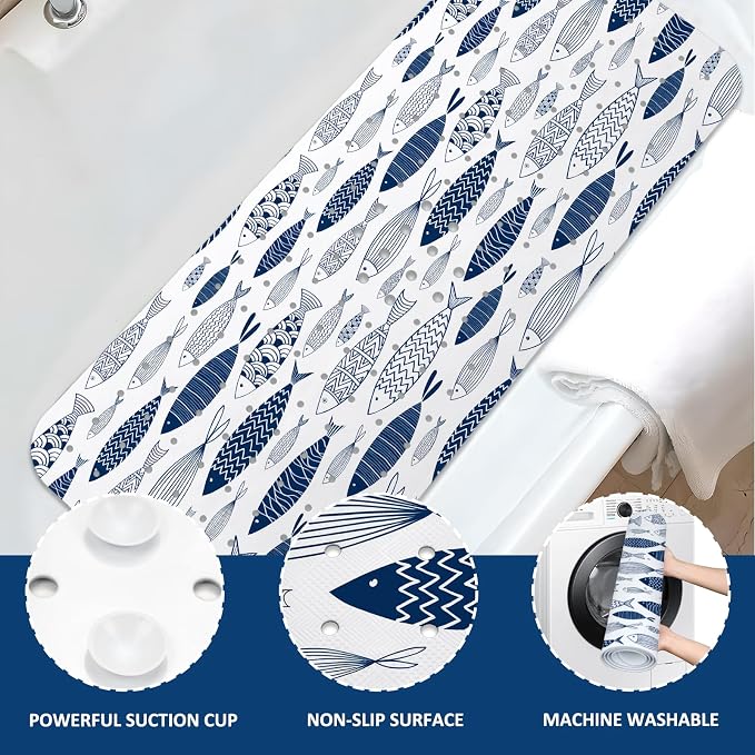 Fish Bathtub Mat Non Slip, Boho Baby Bath Mat for Tub Rubber Tub Mat, Cute Kids Bath Mats for Bathroom Ocean Anti Slip Shower Mat with Suction and Drain Holes Machine Washable, 40″X16″