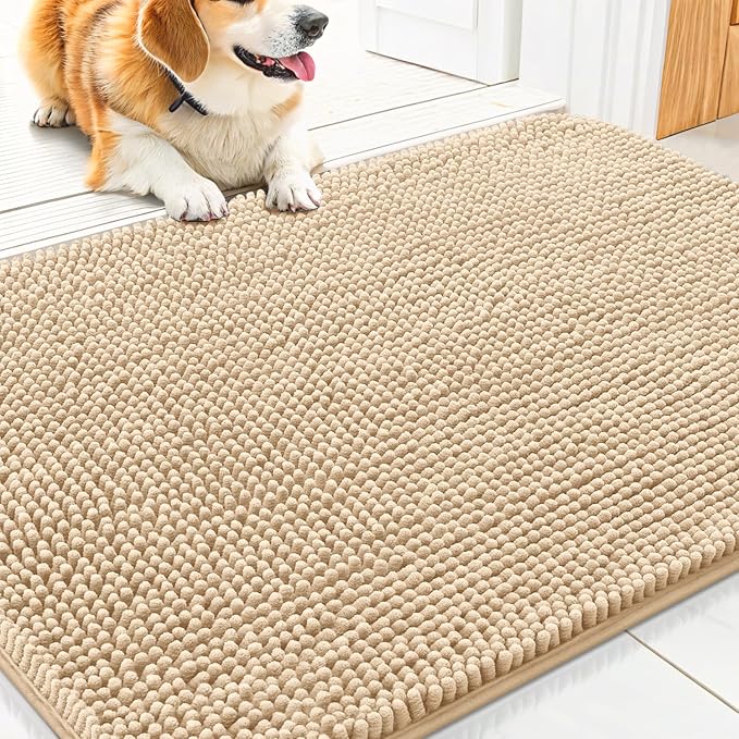 Smiry Dog Door Mat for Muddy Paws 30x20, Absorbent Dirt Trapper, Non-Slip Washable Chenille Entryway Rug for Inside Floor, Beige, Classic Solid