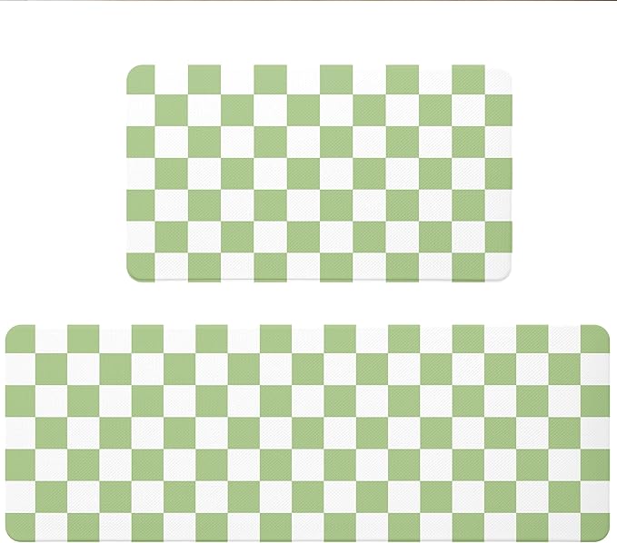 Fresh Green Checkered Grid Checkerboard Kitchen Rug Sets [2 PCs], Anti-Fatigue, Waterproof Non-Slip Kitchen Mats Heavy Duty Comfort Foam Rug for Kitchen, Floor, Laundry,17"x29"+17"x47"