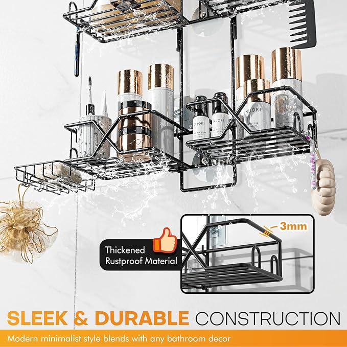 Adjustable Height Shower Caddy Hanging for Handheld Shower Heads, Shower Racks with Soap Holder 8 Hooks, No-Drilling, Anti-Swing, Bathroom Storage Shower Organizer