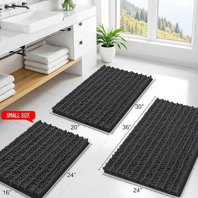 Smiry Bathroom Rugs Mat 70x24, Extra Soft Absorbent Chenille Bath Rugs, Non Slip Rubber Backing Machine Washable Quick Dry Bath Mats for Bathroom Floor, Tub, Shower, Home Decor Accessories, Dark Grey