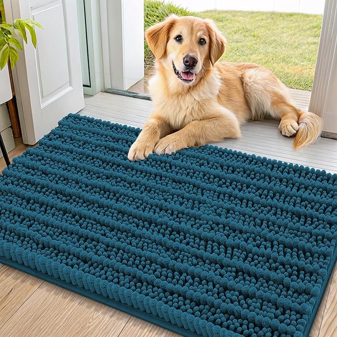 Smiry Dog Door Mat for Muddy Paws 36x24, Absorbent Dirt Trapper, Non-Slip Washable Chenille Entryway Rug for Inside Floor, Atlantic Blue, Layered Pattern