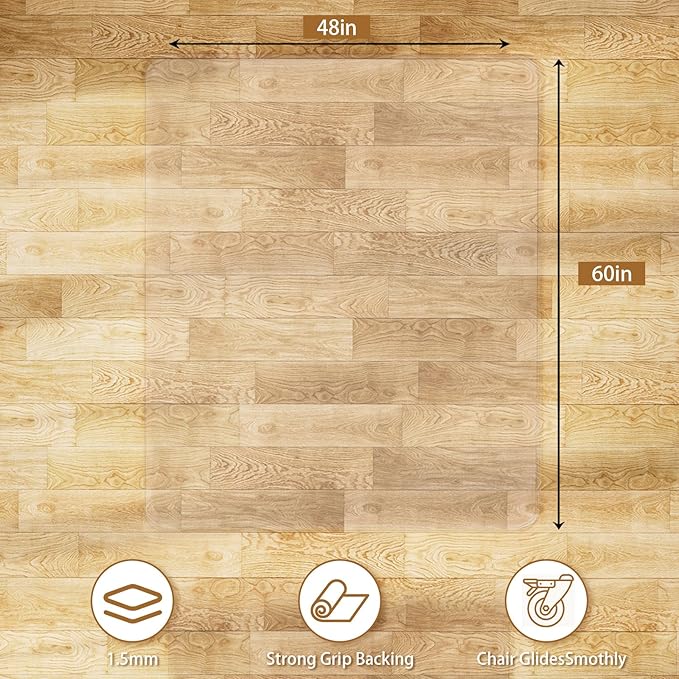 Office Chair Mat for Hard Floors 48 x 60 Inch, Clear Plastic Floor Protector for Rolling Desk & Computer Chairs, Transparent Under Desk Mat for Hardwood, Wood & Tile Floors