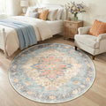 RELEANY Area Rugs Round 5ft Washable Non-Slip, Floral Vintage Distress Medallion Carpet for Living Room Bedroom Dining Room, Blue Orange Red