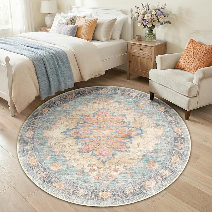 RELEANY Area Rugs Round 5ft Washable Non-Slip, Floral Vintage Distress Medallion Carpet for Living Room Bedroom Dining Room, Blue Orange Red