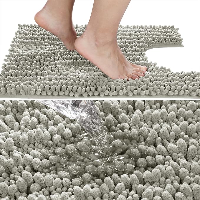 Yimobra Toilet Rug U Shaped Washable 24x24 Inch - Ultra Soft Absorbent Chenille Bath Rugs for Toilet, Quick Dry & Machine Washable, Non Slip Contour Bathroom Mat, Sand