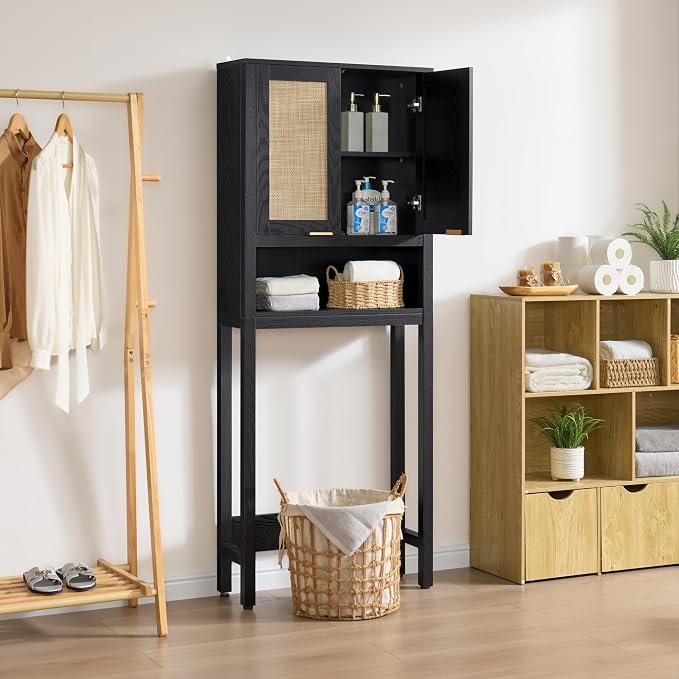 SICOTAS Over The Toilet Storage Cabinet with Rattan Door, Freestanding Bathroom Organizer with Adjustable Shelf, Space Saver Cabinet for Bathroom, Laundry Room, Restroom