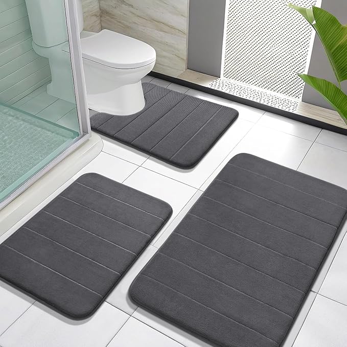 Yimobra Memory Foam Bath Mat Set 3 Pieces- Super Soft Absorbent Quick Dry Bathroom Rug Sets, Machine Washable Non Slip Floor Carpet for Tub Shower, Vanity & Toilet Base, Dark Gray