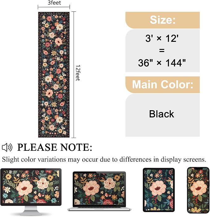 DUKINO 3x12 Washable Runner Rug, Non Slip Soft Floral Hallway Runner Rug with Non Shedding Design, Low Pile Long Floor Carpet for Kitchen, Hallway, Bathroom, Entryway, Laundry, Black