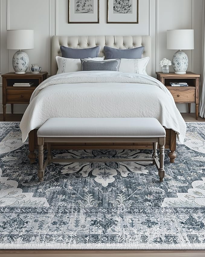 RELEANY Area Rugs Large 9'x12' Washable Non-Slip, Floral Vintage Distress Medallion Carpet for Living Room Bedroom Dining Room, Light Gray Grey White