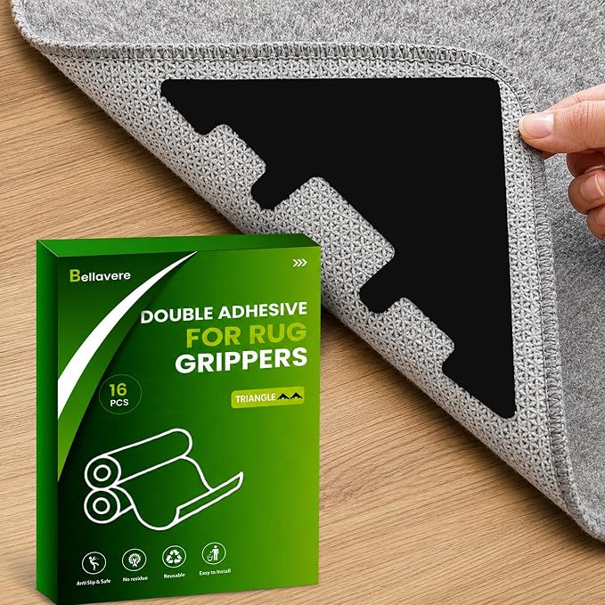 Triangle Rug Gripper Pads, Pack of 16 – Super Adhesive Reusable & Washable Non-Slip Corner Grips for Area Rugs, Mats & Runners, Helps Keep Rugs Flat on Hard Floors