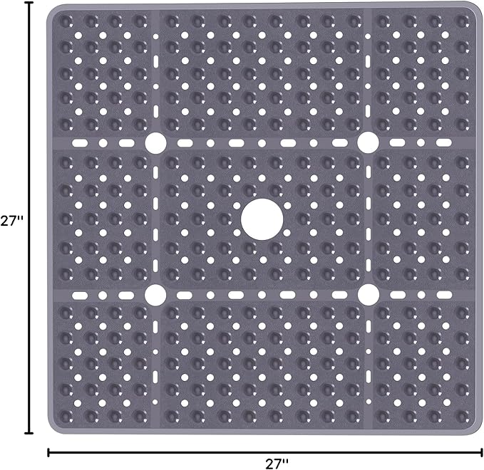 Large Square Shower Mat 27 x 27 Inch Gray, Non Slip Shower Bathtub Mats for Inside Shower with Big Suction Cups Drain Holes, Anti Slip Bathroom Floor Shower Stall Mats, Easy Clean, BPA-Free