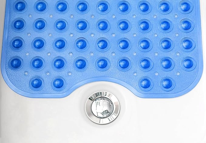 Extra-Long Non-Slip Bathtub & Shower Mat 39”x16” (Smooth/Non-Textured Tubs Only) Safe, Clean, Machine-Washable, Superior Grip&Drainage, Vinyl, Transparent Blue