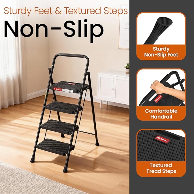 HBTower 4 Step Ladder, Step Stool Foldable for Adults with Wide Anti-Slip Pedal, Lightweight Step Ladders for Home and Kitchen