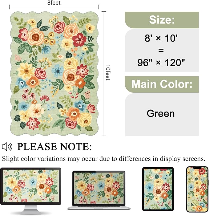 DUKINO 8x10 Area Rug, Floral Washable Rugs for Living Room with Non Slip Backing & Non-Shedding, Lightwight Low Pile Boho Design Large Carpets for Bedroom, Living Room, Dining Room, Green