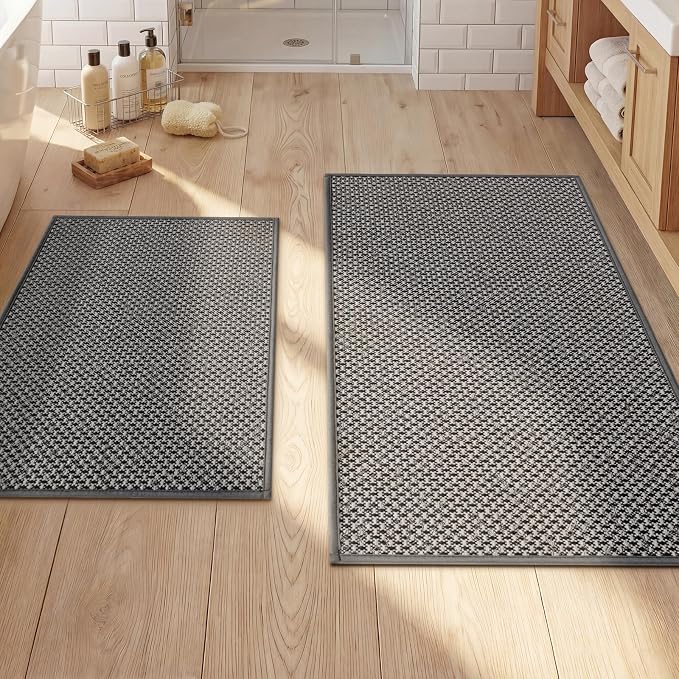 YIHOUSE Thin Bath Mat Dark Grey Bathroom Rugs Sets 2 Pieces, Non Slip Absorbent Mats Quick Dry, Woven Rugs Washable, Tapetes para Baño for Bathroom Toliet,Bathtub(17"x24"+17"x32")