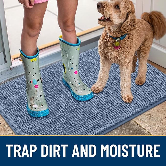 Smiry Dog Door Mat for Muddy Paws 30x20, Absorbent Dirt Trapper, Non-Slip Washable Chenille Entryway Rug for Inside Floor, Airy Blue, Classic Solid
