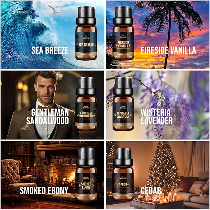 FUHITIM Fragrance Oil, Charming Men's Set Diffuser Oil for Home, Soap & Candle Making Scents, Aromatherapy Essential Oils -Sea Breeze, Fireside Vanilla, Cedar and More(6 * 10ML)