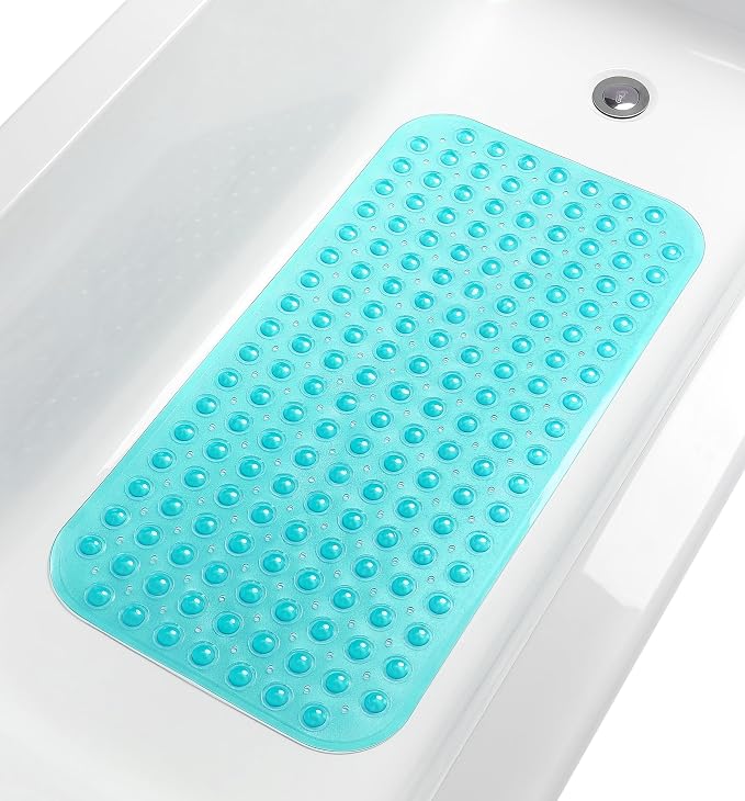 Large Non-Slip Bathtub & Shower Mat 31”x16” (Smooth/Non-Textured Tubs Only) Safe, Clean, Machine-Washable, Superior Grip&Drainage, Vinyl, Transparent Turquoise
