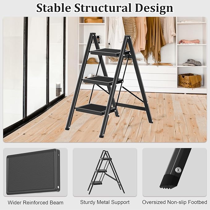 DIAMONDFORGE 3 Step Ladder, Folding Step Stool with Anti-Slip Wide Pedal, Anti-Slip Feet, Sturdiest Steel Construction, Steel Ladder for Home and Office, Black