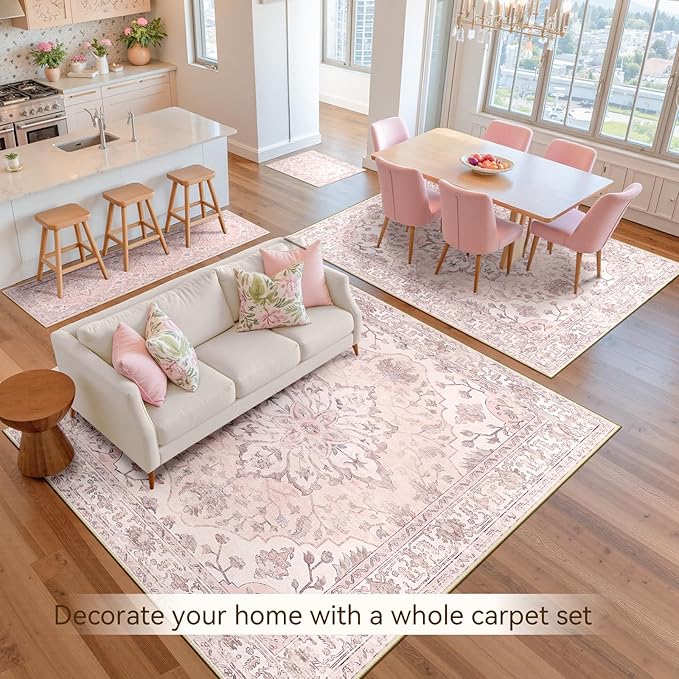RELEANY Area Rugs 6'x8' Washable Non-Slip, Floral Vintage Distress Medallion Carpet for Living Room Bedroom Dining Room, Pink Greypink Cute