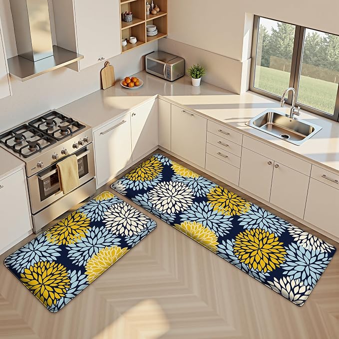 Kitchen Mats Set of 2 Cushioned Anti Fatigue Kitchen Rugs Non Slip Waterproof Kitchen Runner Memory Foam Floor Mat Comfort Standing Mat for Sink,Office,Laundry, Navy Yellow