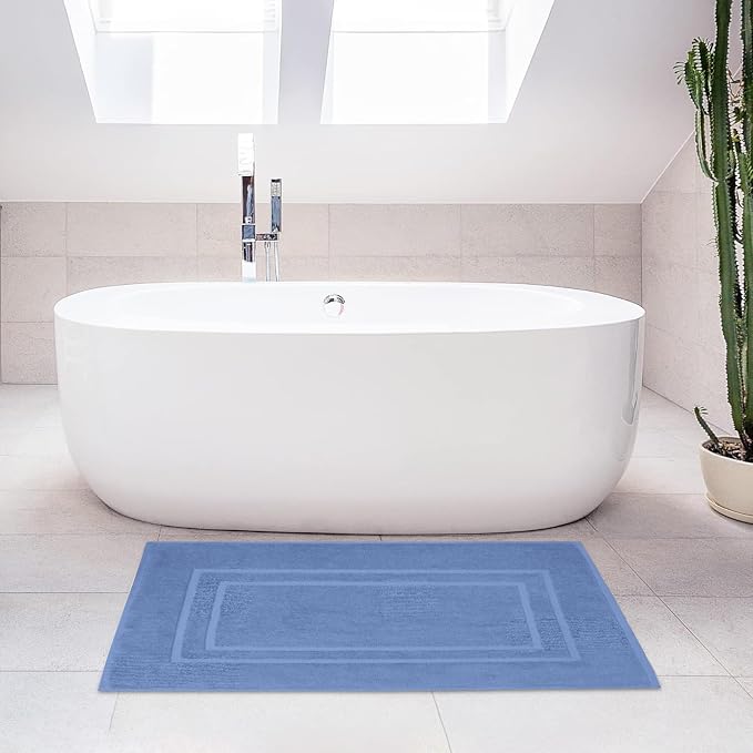Feather & Stitch 2 Piece Towel Like Bath Mats (30x21 Inch) 100% Cotton Terry Bath Mats, Bathroom Shower Floor Mats [NOT A Bathroom Rug], Soft Absorbent Washable Mats - Faded Denim