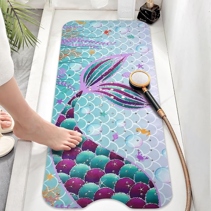 Mermaid Bathtub Mat Non Slip, Cute Baby Bath Mat for Tub Rubber Tub Mat, Kids Bath Mats for Bathroom Little Girls Anti Slip Shower Mat with Suction and Drain Holes Machine Washable, 40″X16″