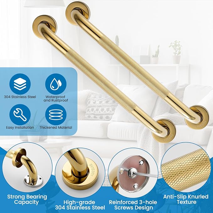 Grab Bars for Shower, Zynuhmo 2 Pack 16 Inch Anti Slip Stainless Steel Bathroom Safety Shower Grab Bar Handrails for Handicap Injury Pregnant Senior Assist Shower Handles(Titanium Gold, 1" Diameter)