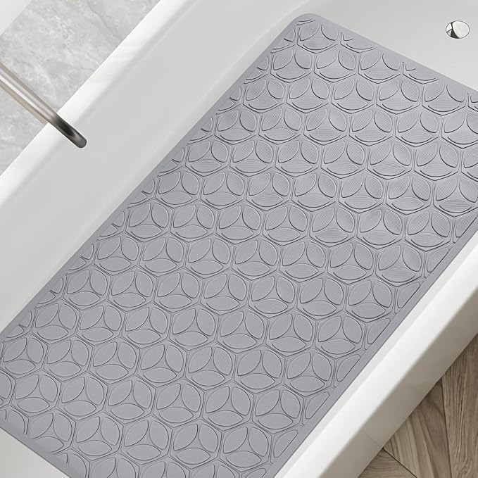 Bathtub Mat Non Slip with Suction Cups - 100% Rubber Bathroom Mat Textured for Bath Tub Shower Safety - Soft on Touch - BPA/PVC Free - Pet Dog Bath Mat - Machine Washable - 17 × 35 Inch（Gray）