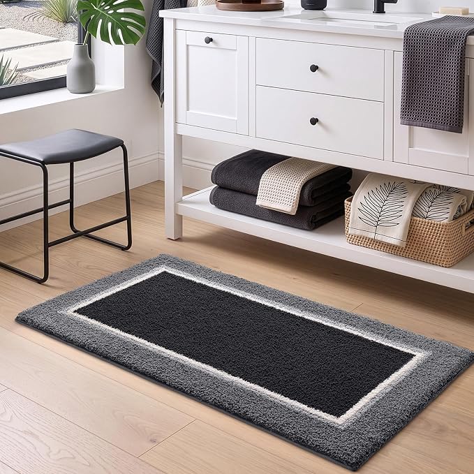 DEXI Bathroom Rugs 32x20, Absorbent Extra Soft Plush Microfiber Bath Mat for Bathroom, Non Slip Washable Bathmat Quick Dry for Shower Floor, Sink, Tub, Laundry Room, Black and Grey